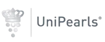 Logo van UniPearls met een grijze kroon en parelsymbool links en de merknaam “UniPearls” in grijze letters