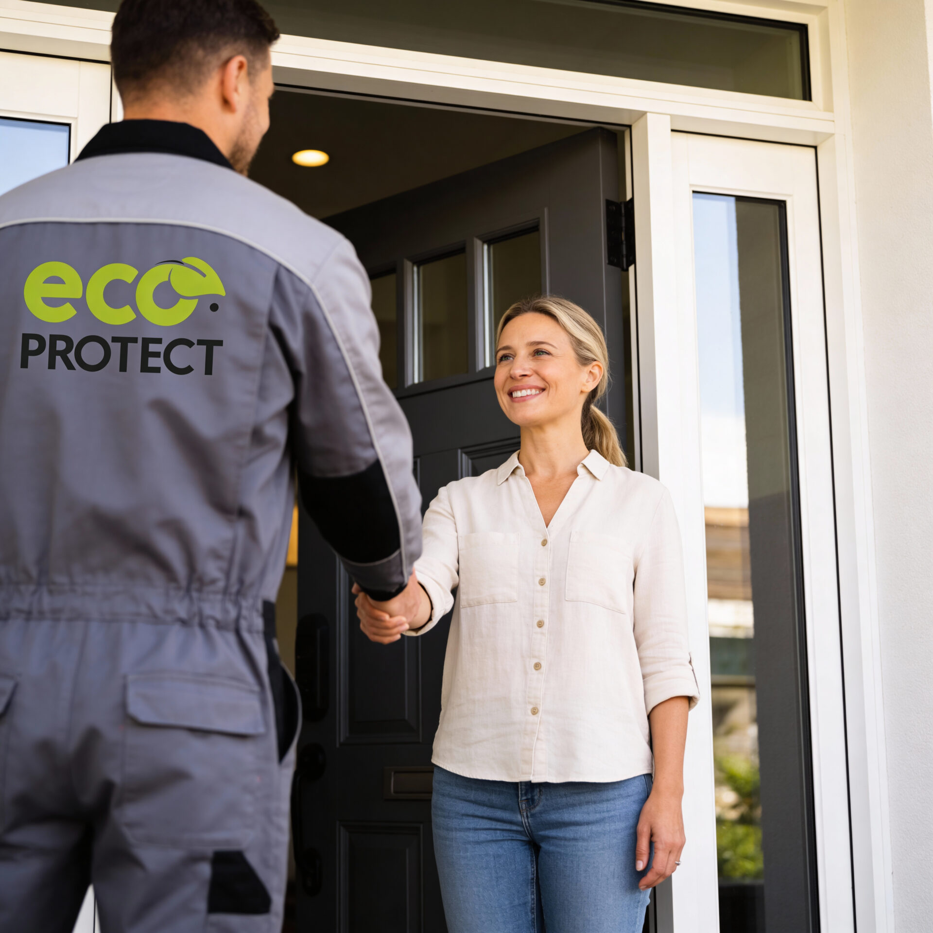 Medewerker van Eco Protect schud de hand met een klant voor de deur